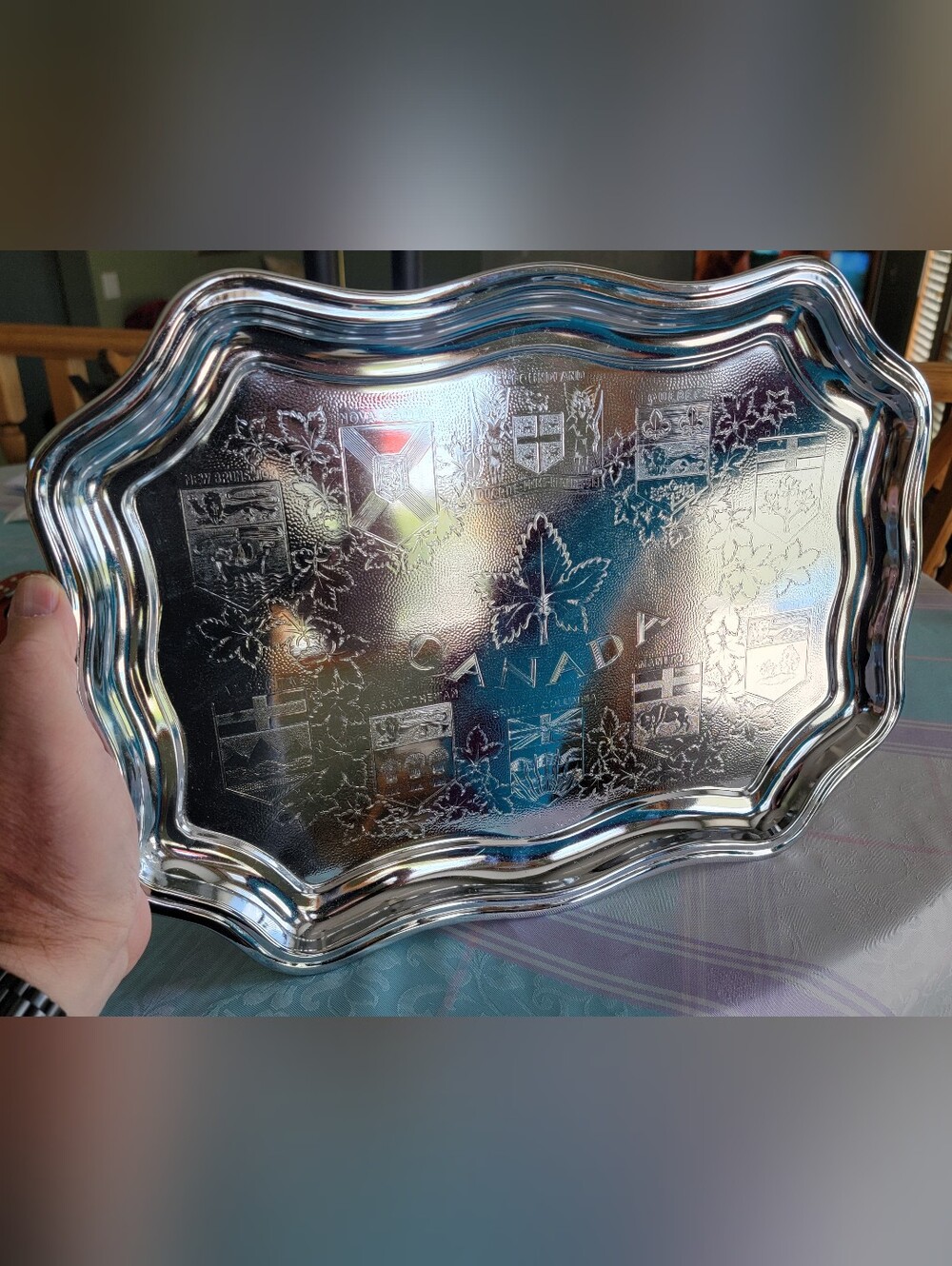 Vintage chrome serving tray featuring  engraved "CANADA" and provincial Sheilds